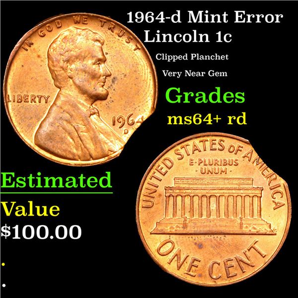 1964-d Lincoln Cent Mint Error 1c Grades Choice+ Unc RD