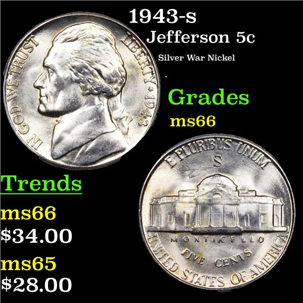 1943-s Jefferson Nickel 5c Grades GEM+ Unc