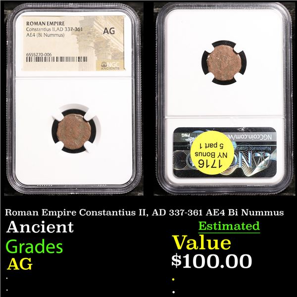 NGC Roman Empire Constantius II, AD 337-361 AE4 Bi Nummus Graded AG BY NGC