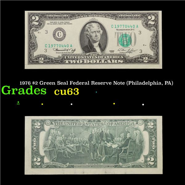 1976 $2 Green Seal Federal Reserve Note (Philadelphia, PA) Grades Select CU