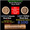 Image 1 : Mixed small cents 1c orig shotgun roll, 1916-d Wheat Cent, 1897 Indian Cent other end, Brinks Wrappe