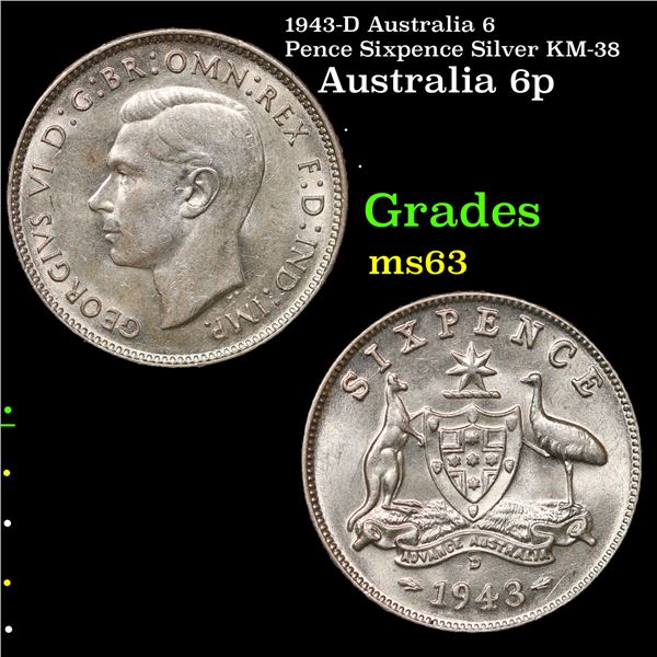 1943-D Australia 6 Pence Sixpence Silver KM-38 Grades Select Unc