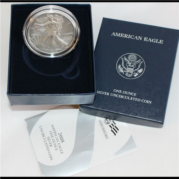 2008-w 1 oz .999 fine Uncirculated and Burnished Silver American Eagle orig box w/COA. Special Strik