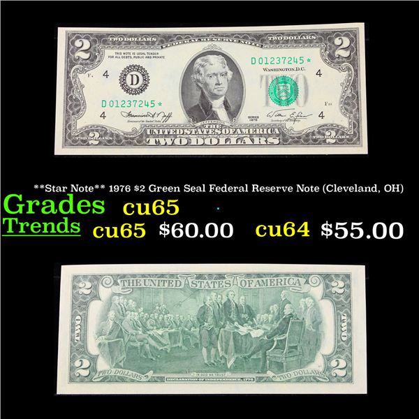 **Star Note** 1976 $2 Green Seal Federal Reserve Note (Cleveland, OH) Grades Gem CU