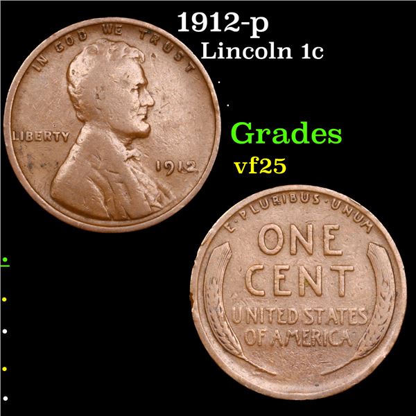 1912-p Lincoln Cent 1c Grades vf+