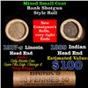 Image 1 : Mixed small cents 1c orig shotgun roll, 1917-s Wheat Cent, 1889 Indian Cent other end, Brinks Wrappe