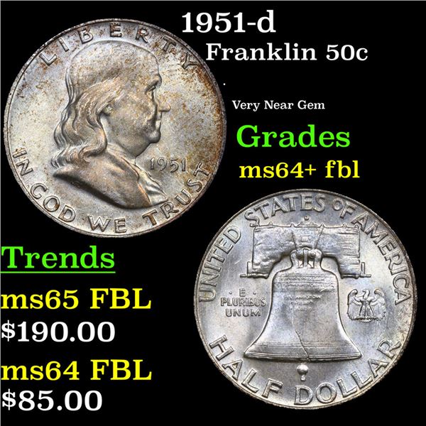 1951-d Franklin Half Dollar 50c Grades Choice Unc+ FBL