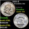 Image 1 : 1951-d Franklin Half Dollar 50c Grades Choice Unc+ FBL