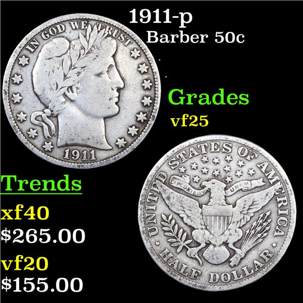 1911-p Barber Half Dollars 50c Grades vf+