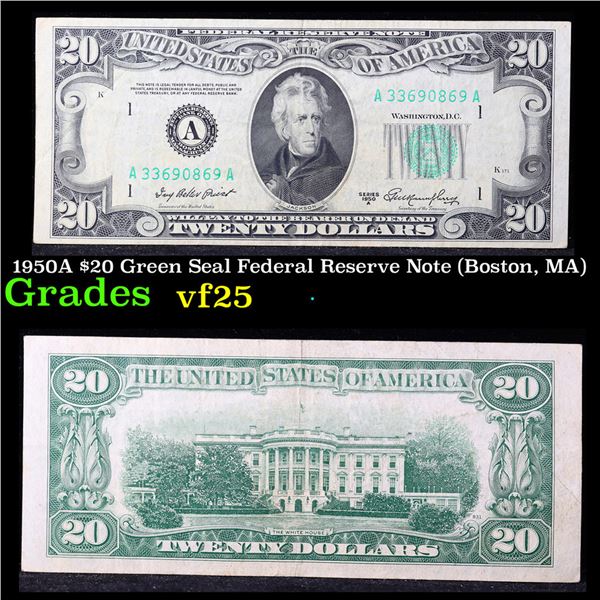 1950A $20 Green Seal Federal Reserve Note (Boston, MA) Grades vf+