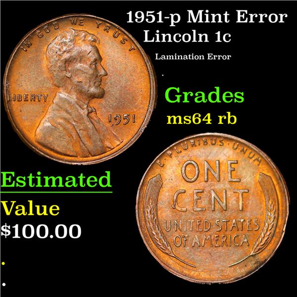 1951-p Lincoln Cent Mint Error 1c Grades Choice Unc RB