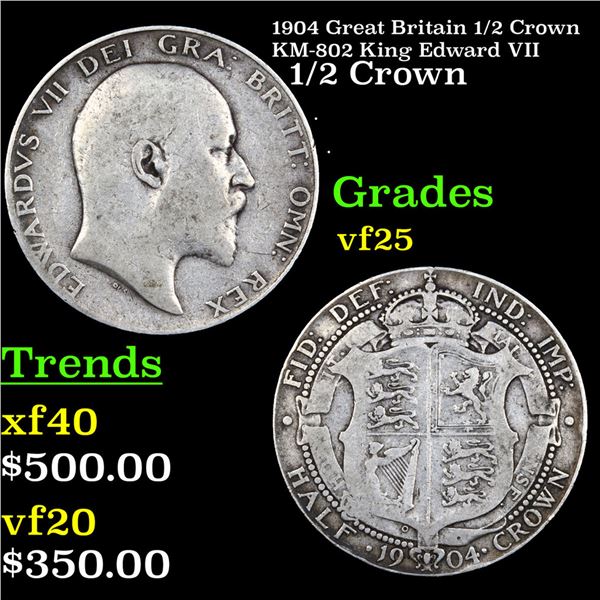 1904 Great Britain 1/2 Crown KM-802 King Edward VII Grades vf+