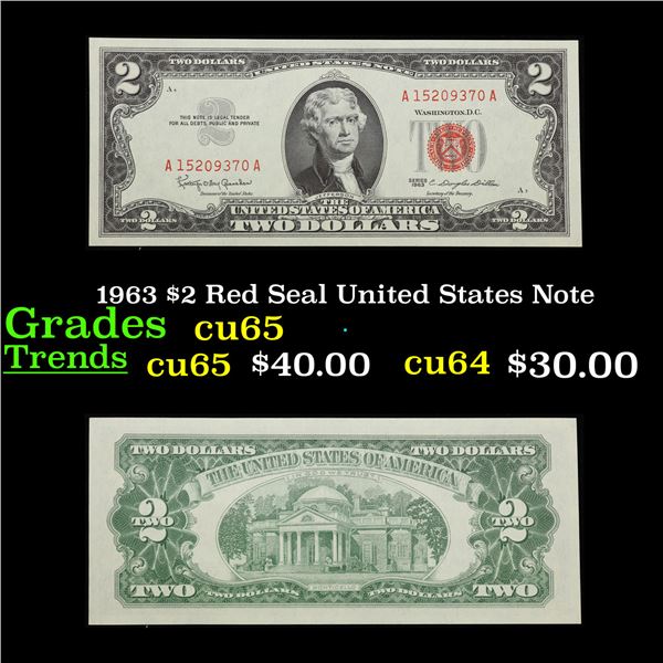 1963 $2 Red Seal United States Note Grades Gem CU