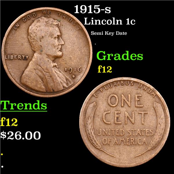 1915-s Lincoln Cent 1c Grades f, fine