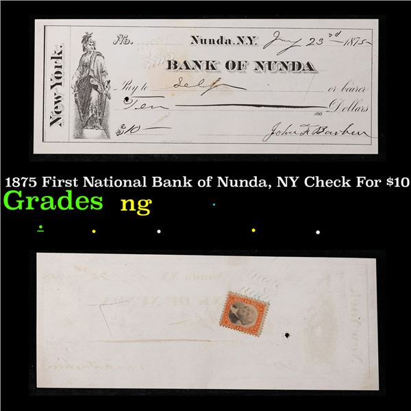 1875 First National Bank of Nunda, NY Check For $10 Grades NG