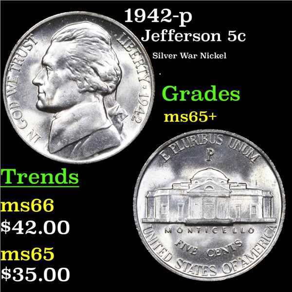 1942-p Jefferson Nickel 5c Grades GEM+ Unc