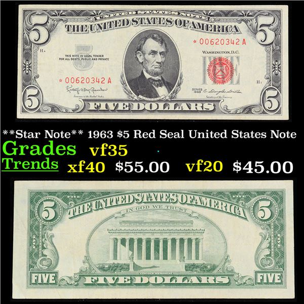 **Star Note** 1963 $5 Red Seal United States Note Grades vf++