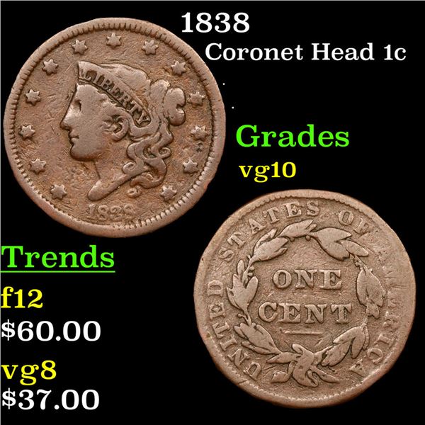 1838 Coronet Head Large Cent 1c Grades vg+