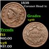 Image 1 : 1838 Coronet Head Large Cent 1c Grades vg+