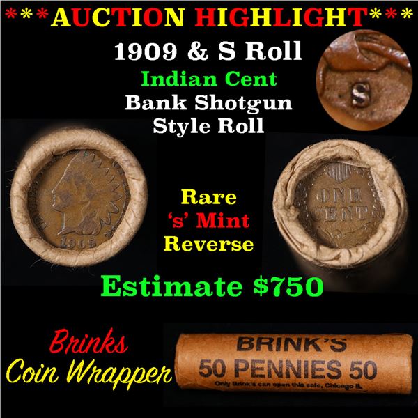 Mixed small cents 1c orig shotgun roll, 1909 Indian Cent, S other end, Brinks Wrapper Grades.