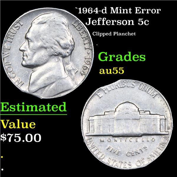 `1964-d Jefferson Nickel Mint Error 5c Grades Choice AU