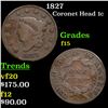 Image 1 : 1827 Coronet Head Large Cent 1c Grades f+
