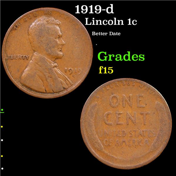 1919-d Lincoln Cent 1c Grades f+