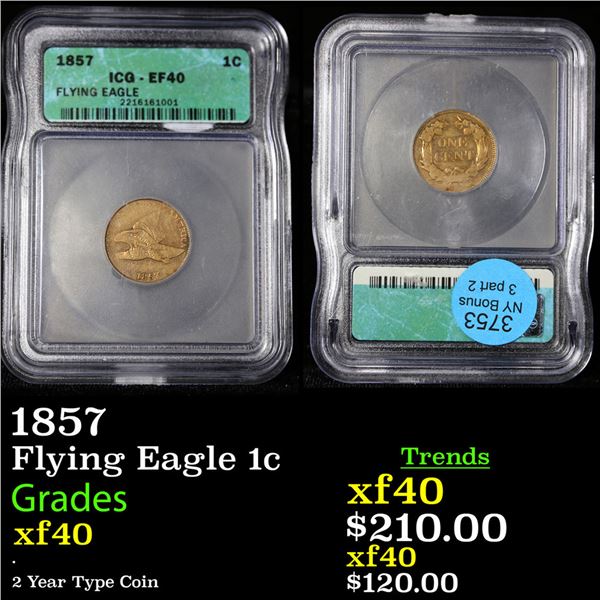 1857 Flying Eagle Cent 1c Graded xf40 By ICG