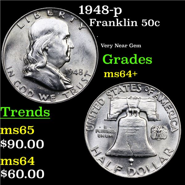 1948-p Franklin Half Dollar 50c Grades Choice+ Unc