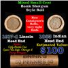 Image 1 : Mixed small cents 1c orig shotgun roll, 1917-d Wheat Cent, 1863 Indian Cent other end, Brinks Wrappe