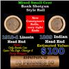 Mixed small cents 1c orig shotgun roll, 1918-d Wheat Cent, 1889 Indian Cent other end, Brinks Wrappe