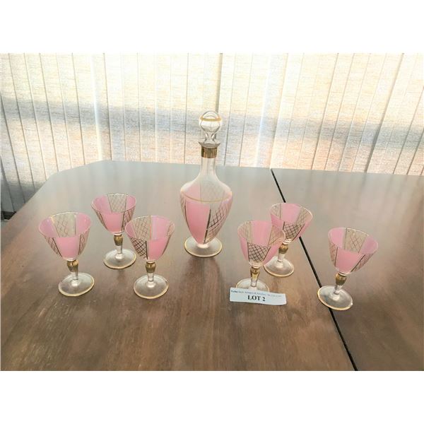 Pink & Gold Decanter & 6 Glasses