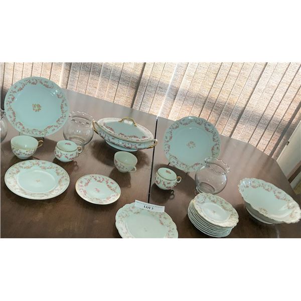 Bridal Gold China from Czechoslovakia (1 bowl is broken) & 3 Glass Bud Vases