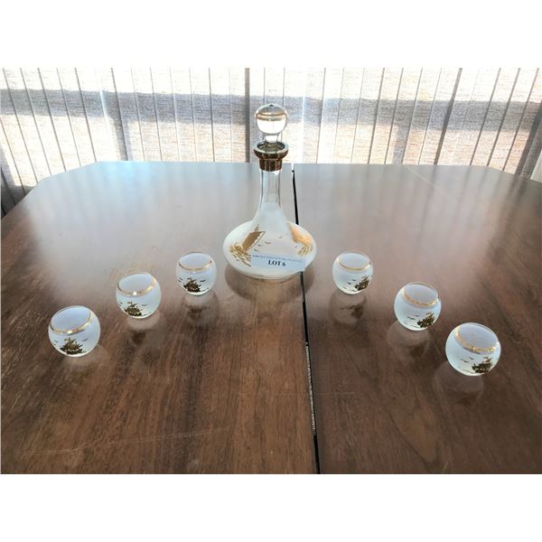 Beautiful Gold and Frosted Glass Decanter and Glasses