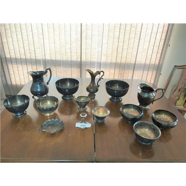 Silver Plate Candle Holder, 3 Pitchers,  Various Bowls incl Sugar Bowl