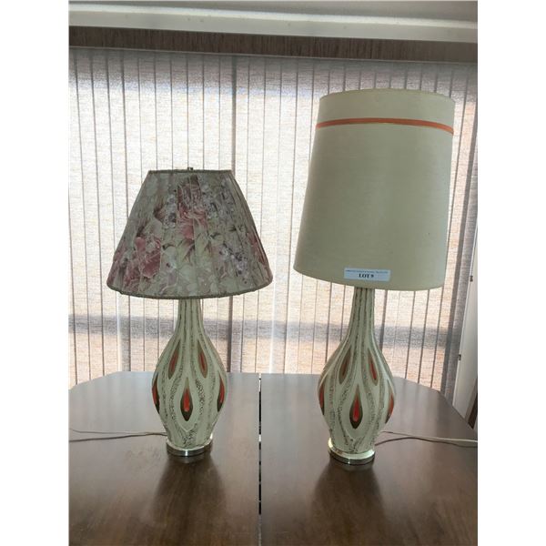 Two Orange and Ivory Mid Century Modern Table Lams