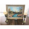 Image 1 : 2 Oil Lamps & Lg Framed Stream Picture by E. Johns