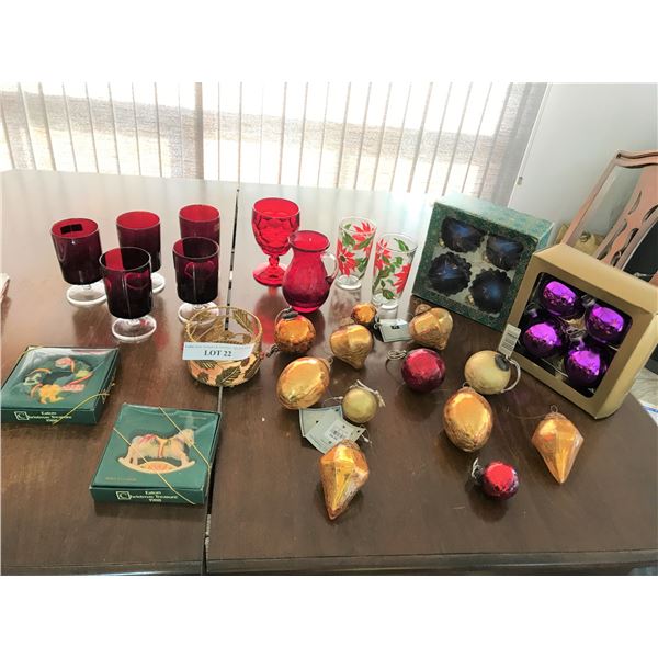 Red Pitcher, Goblet and Glass Set, Wind Bottle Coaster,  Poinsettia Glasses,   Gold/Red/Purple/Blue 