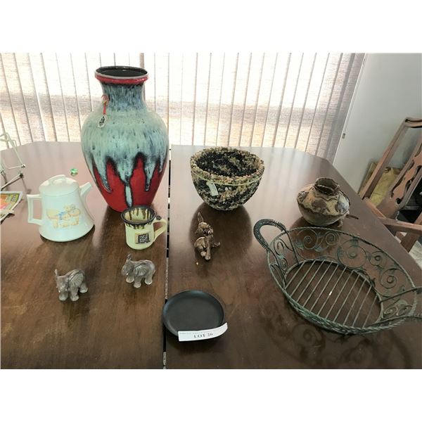 Lg Pottery Master Vase, Samson Stone Rock Bowl,Cermic Elephants & Donkey Figurines, Piggy Teapot, Gr