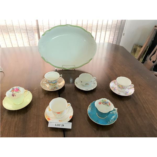 6 Teacups/Saucers incl Aynsley, Melba, Colclough, & Serving Platter