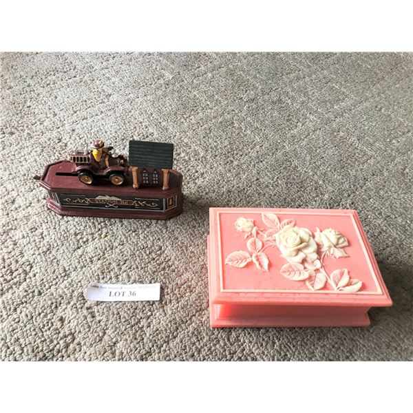 Vintage Cast Iron Fireman Coin Bank & Genuine Incolay Pink Velvet Lined Trinket Box