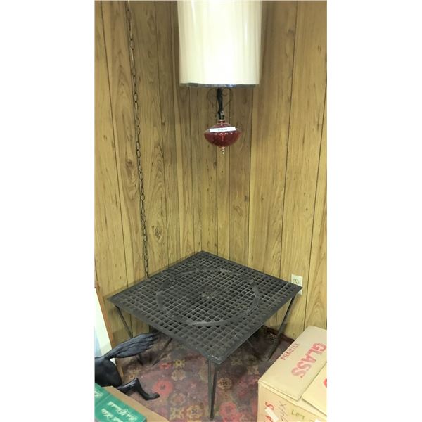 Pair of Mid Century Modern Hanging Lights w Red Glass & Wrought Iron Table
