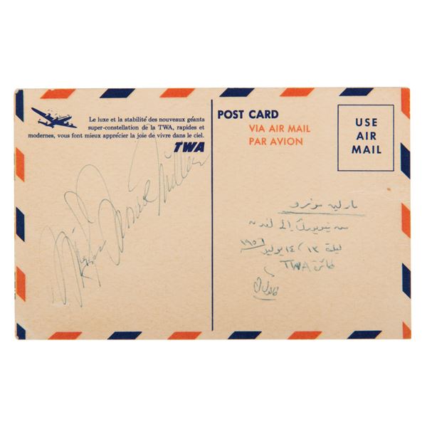 A Marilyn Monroe Signed TWA Postcard.