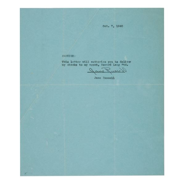 A Jane Russell Signed Authorization Note.