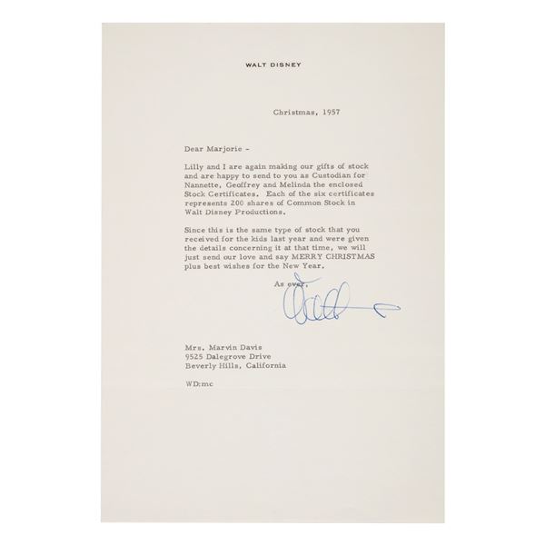 A Walt Disney Signed Letter to Mrs. Marvin Davis.