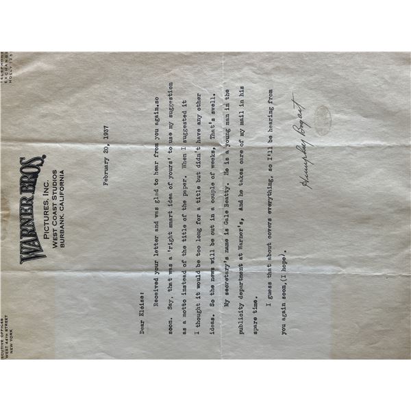 Warner Brothers Humphrey Bogart signed letter. ACE authenticated