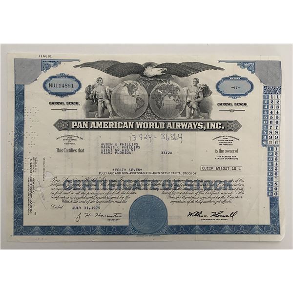 Pan American World Airways, INC Forty Seven Shares Certificate of Stock