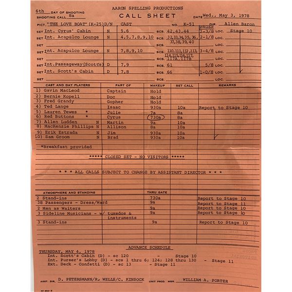The Love Boat unsigned call sheet
