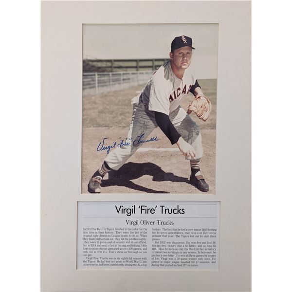 Virgil Trucks signed photo and newspaper clipping display