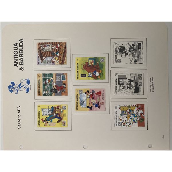 Walt Disney Mickey & Friends Salute to APS Stamp Sheet. Antigua & Barbuda